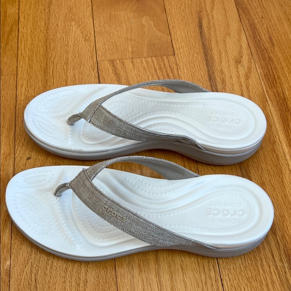CROCS Metallic Silver, Tan, and White Getaway Glitter Flip Flops - Picture 2 of 5